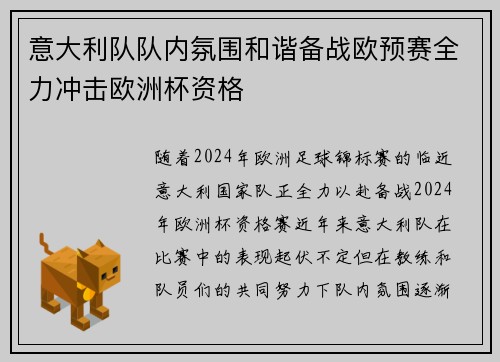意大利队队内氛围和谐备战欧预赛全力冲击欧洲杯资格